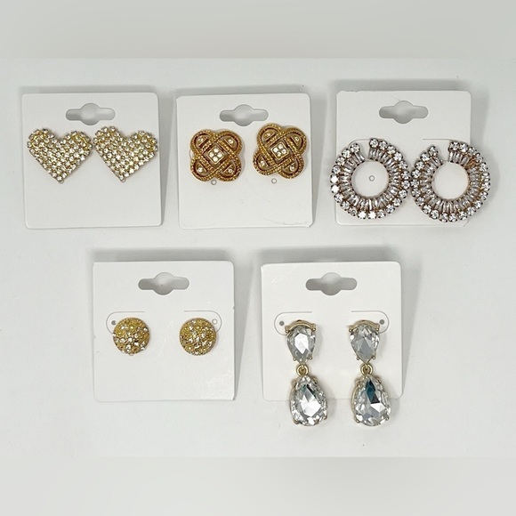 5 Pair of Pierced Earrings Gold Tone & Clear Rhinestones - Picture 1 of 8